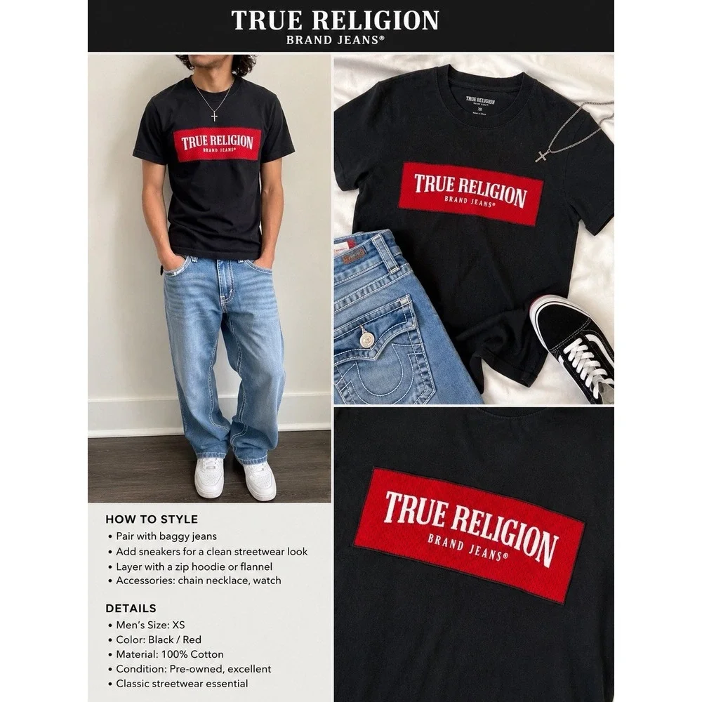 True Religion Black Logo Graphic T-Shirt Red Mesh Patch Men's XS Streetwear